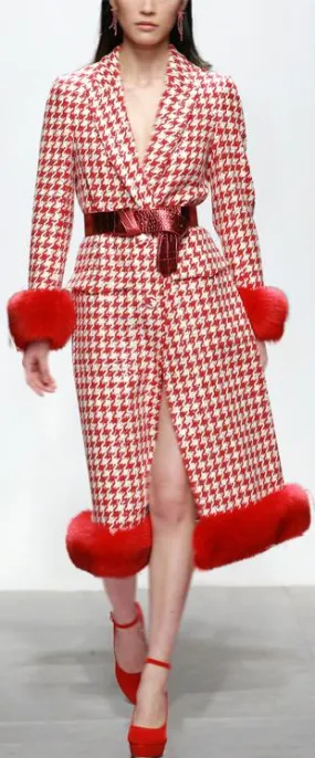 Fur-Trim Houndstooth Coat