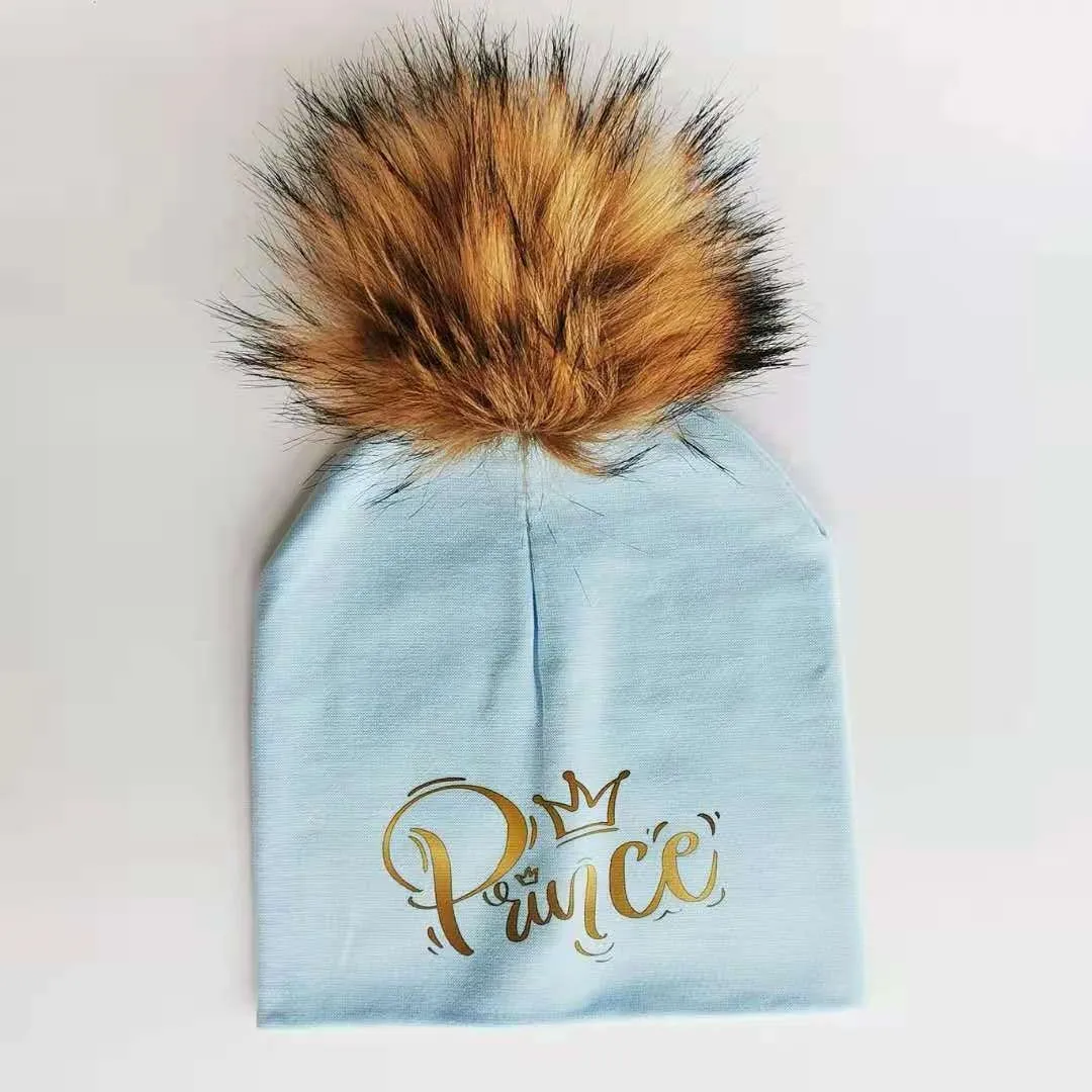 Golden Princess Prince Letter Design Pompom Cute Beanie Hats For Kids