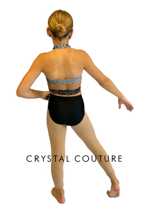Grey & Black Connected Two Piece with Strappy Side Hip Detail - Rhinestones