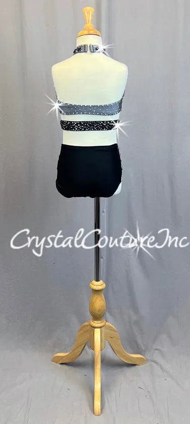 Grey & Black Connected Two Piece with Strappy Side Hip Detail - Rhinestones