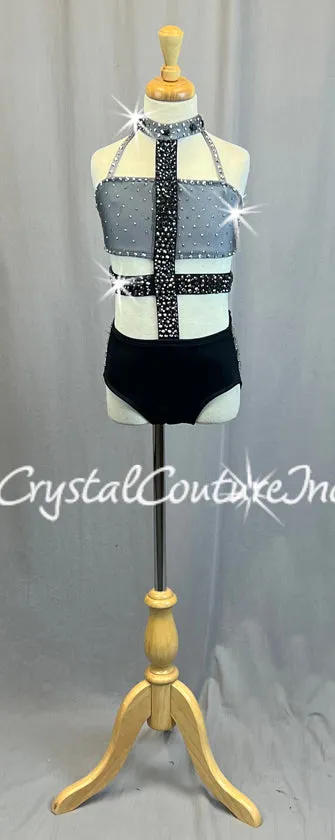Grey & Black Connected Two Piece with Strappy Side Hip Detail - Rhinestones