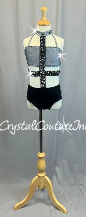 Grey & Black Connected Two Piece with Strappy Side Hip Detail - Rhinestones