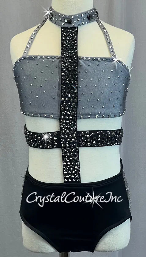 Grey & Black Connected Two Piece with Strappy Side Hip Detail - Rhinestones