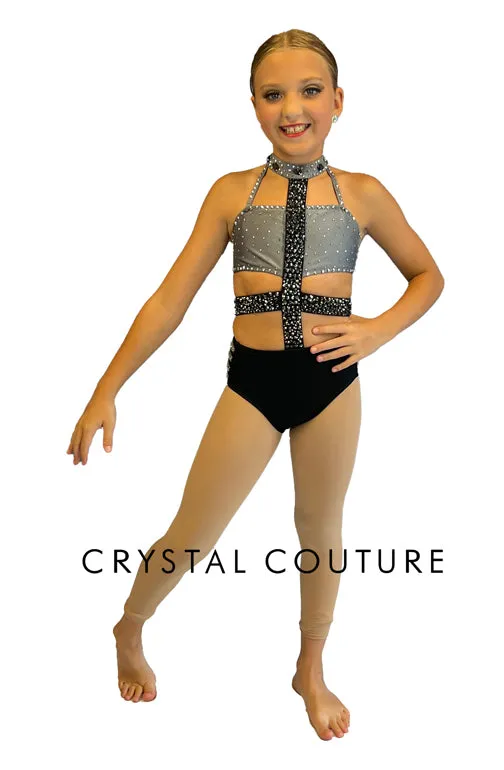 Grey & Black Connected Two Piece with Strappy Side Hip Detail - Rhinestones
