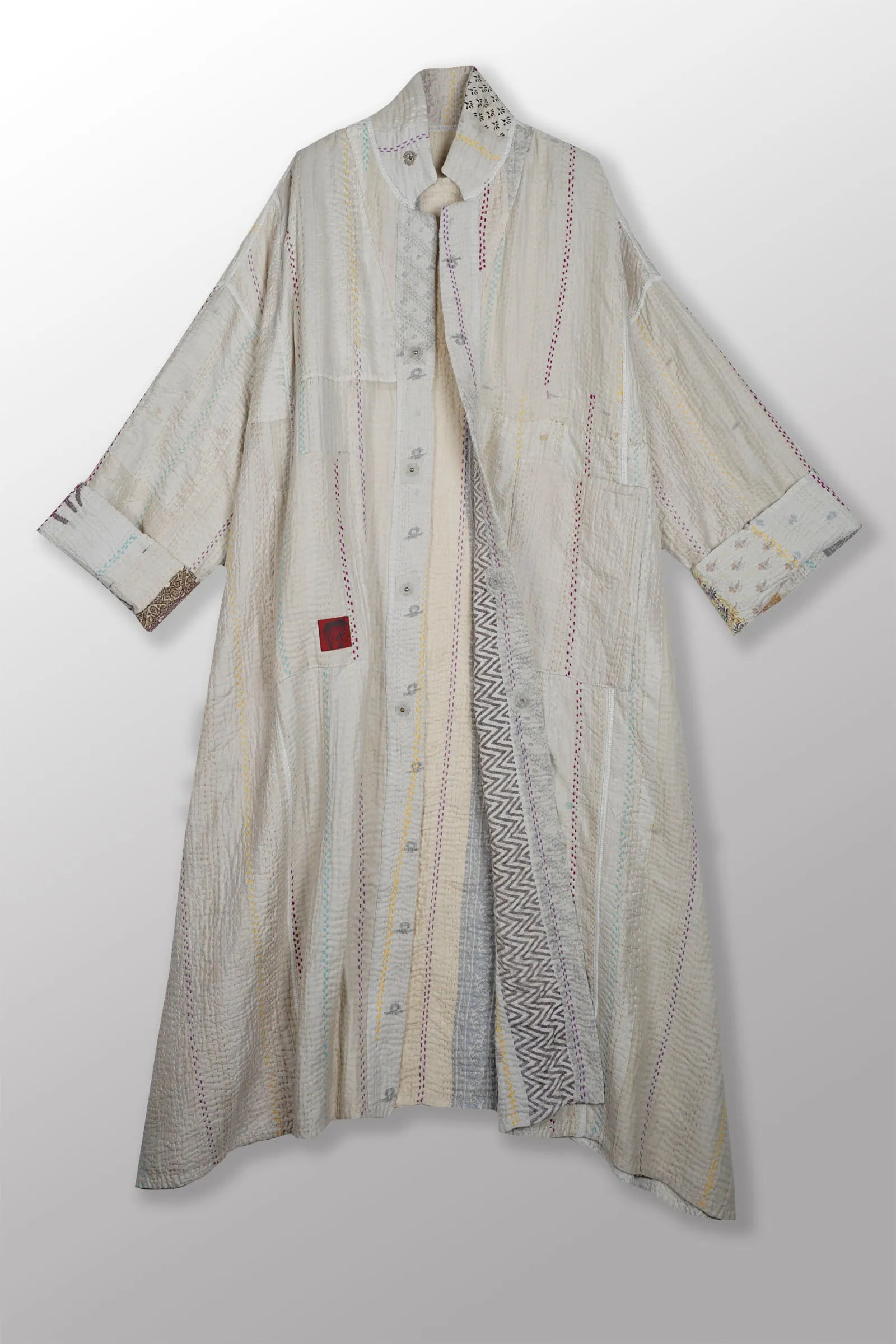 JEWEL WOVEN WITH VERTICAL PATCH KANTHA OVERSIZED COAT - jv4326-ivy -