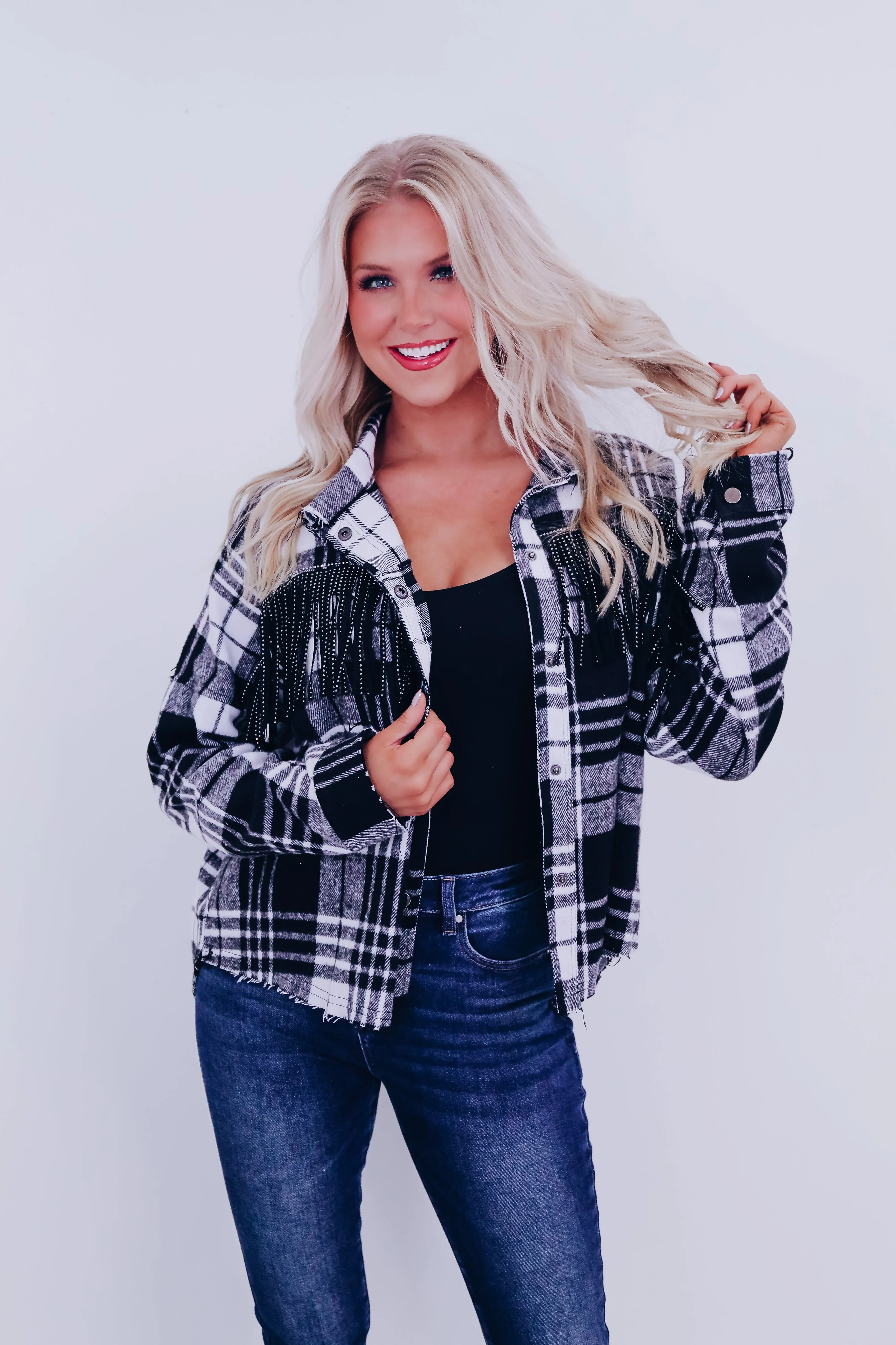 Lawson Plaid Flannel Fringe Shacket - Black/White