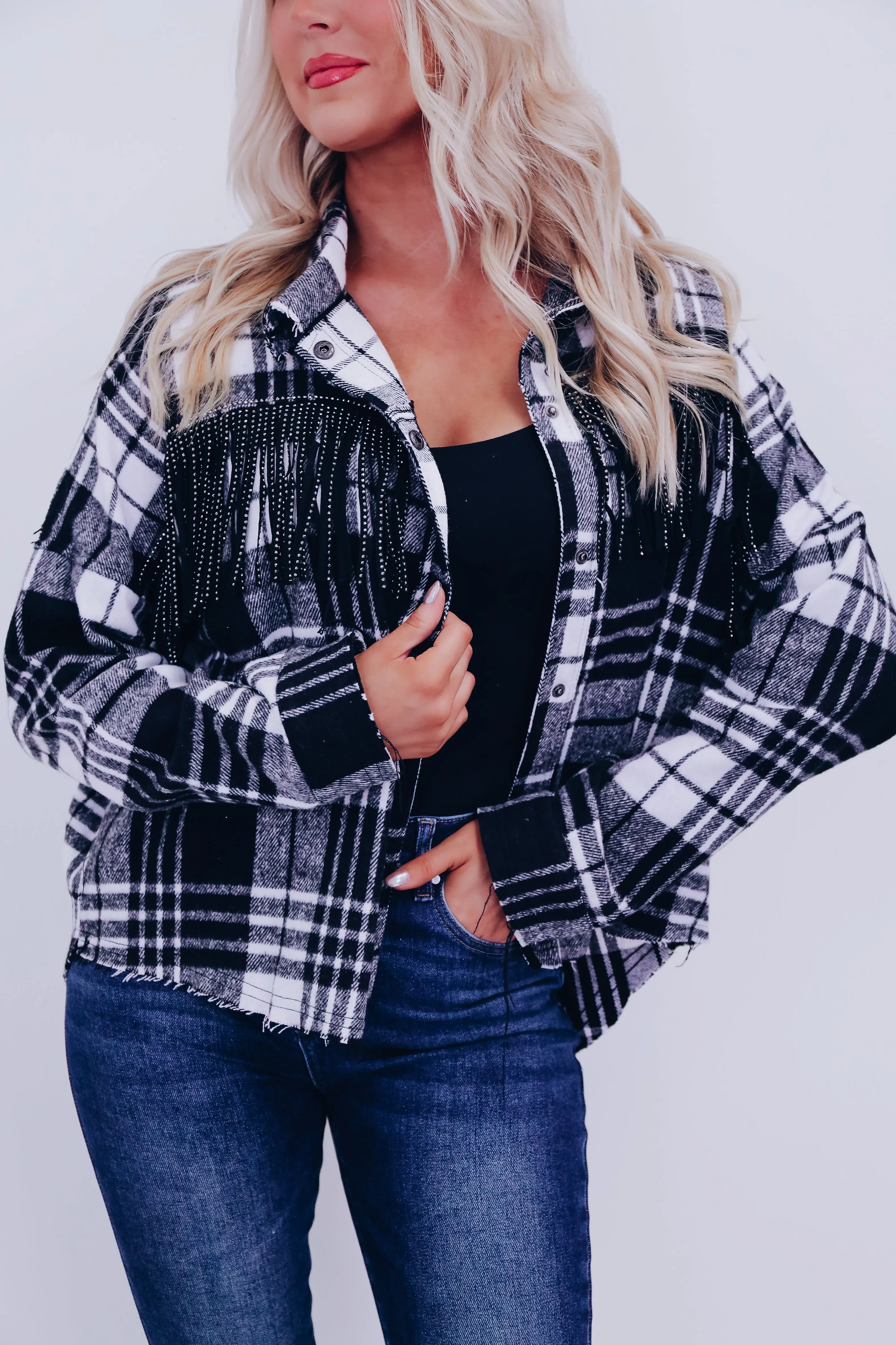 Lawson Plaid Flannel Fringe Shacket - Black/White