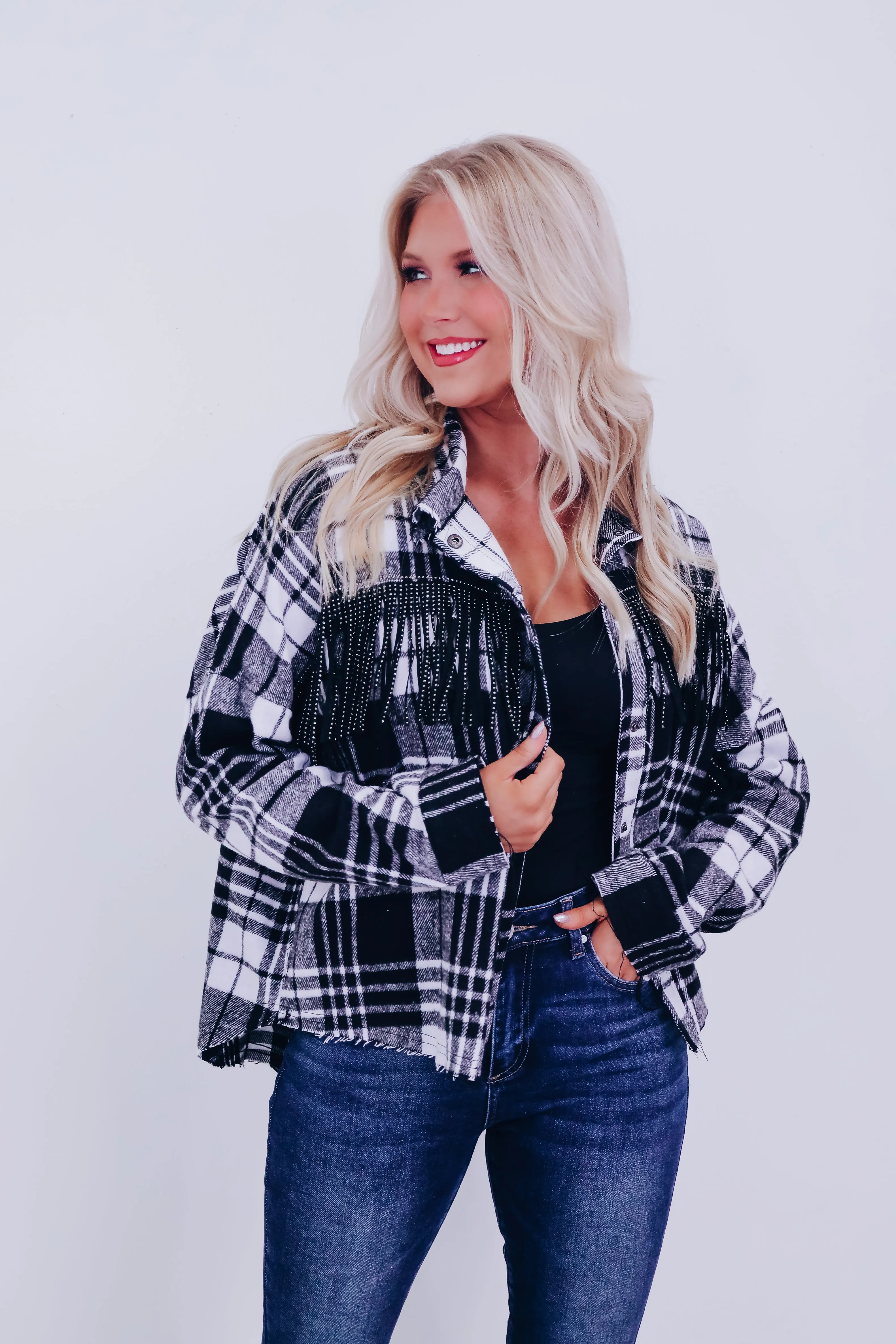 Lawson Plaid Flannel Fringe Shacket - Black/White
