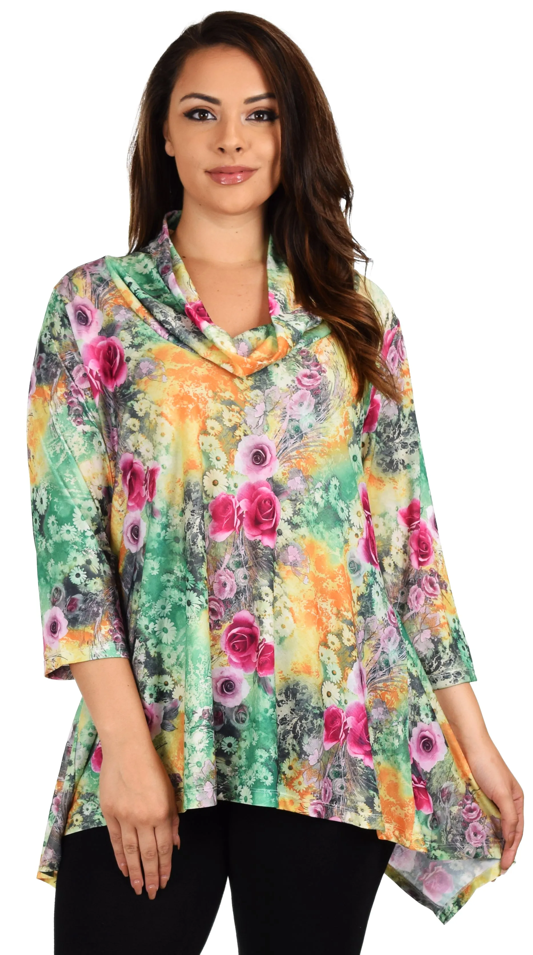 New Royal Concepts Flower Digital Print Tunic, Plus Size Tunic, Cowl Neck Tunic. Ample stretch 1XL TO 4XL