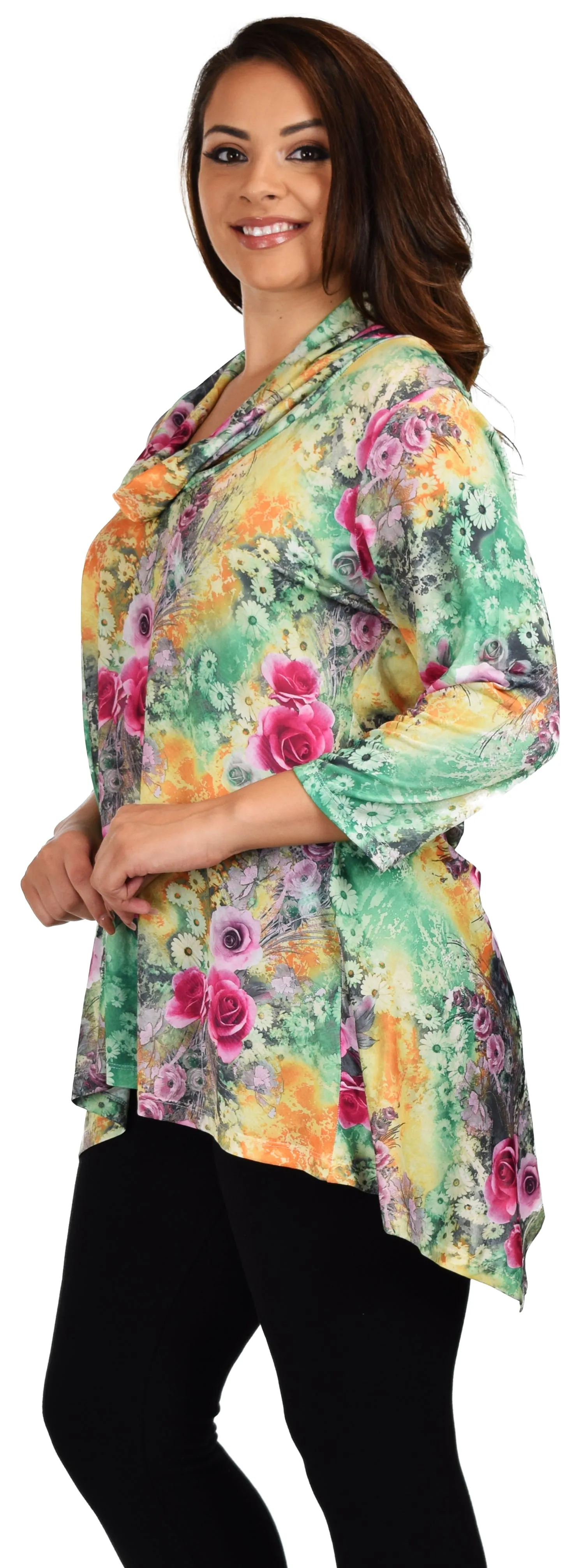 New Royal Concepts Flower Digital Print Tunic, Plus Size Tunic, Cowl Neck Tunic. Ample stretch 1XL TO 4XL