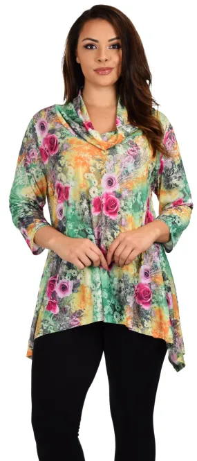 New Royal Concepts Flower Digital Print Tunic, Plus Size Tunic, Cowl Neck Tunic. Ample stretch 1XL TO 4XL