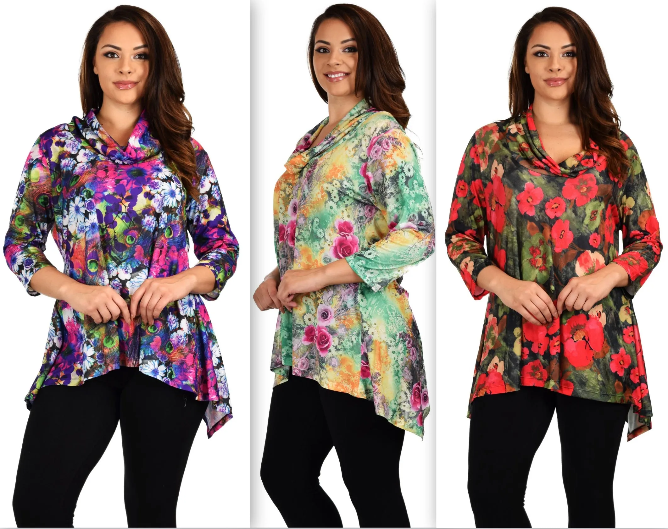 New Royal Concepts Flower Digital Print Tunic, Plus Size Tunic, Cowl Neck Tunic. Ample stretch 1XL TO 4XL
