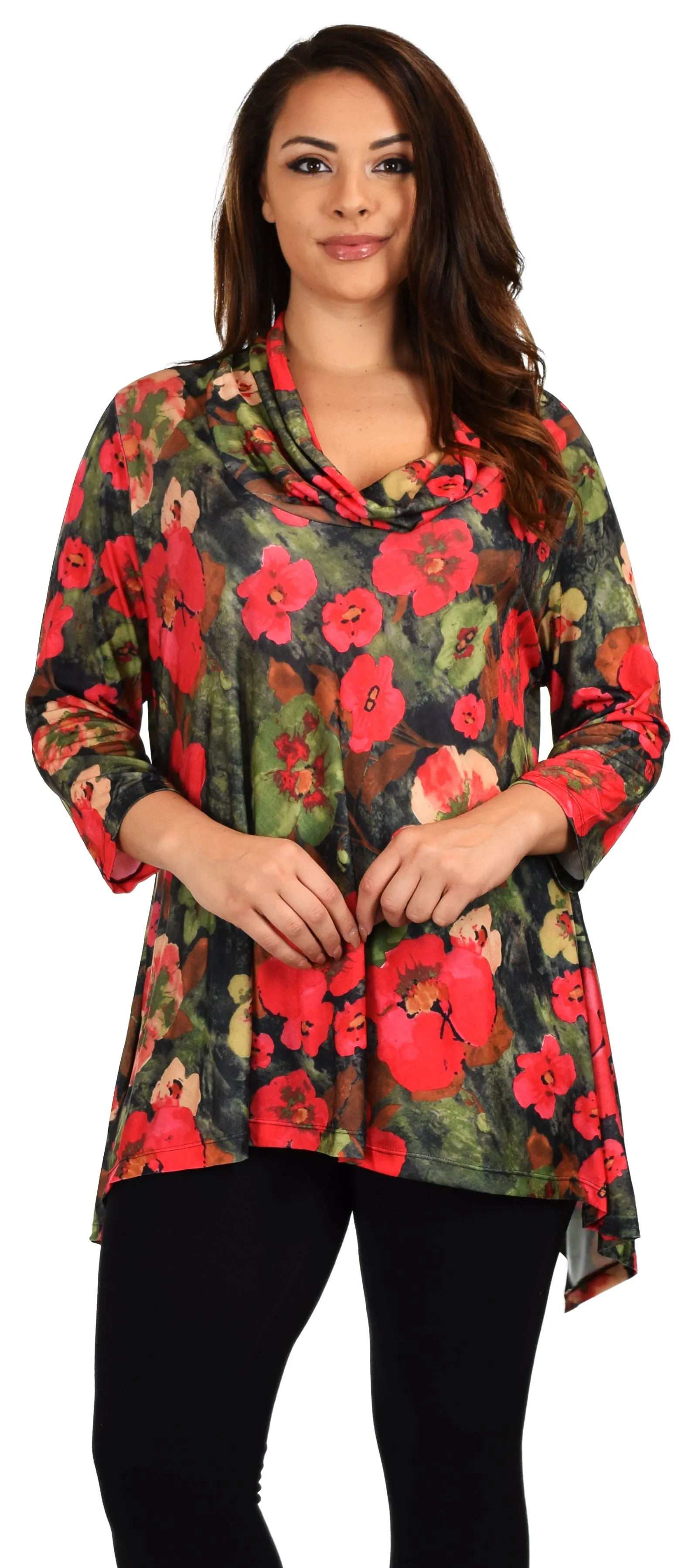 New Royal Concepts Flower Digital Print Tunic, Plus Size Tunic, Cowl Neck Tunic. Ample stretch 1XL TO 4XL