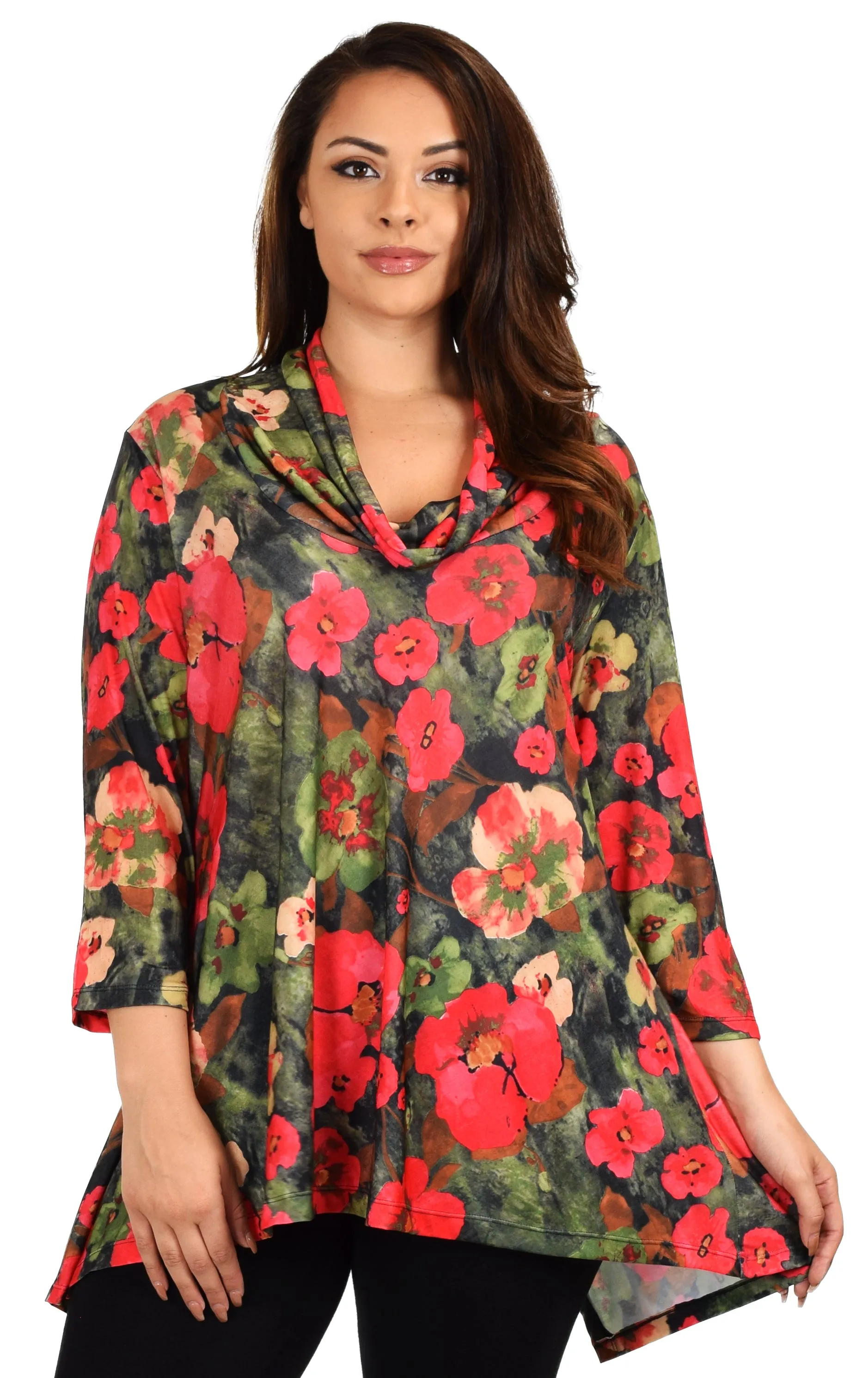 New Royal Concepts Flower Digital Print Tunic, Plus Size Tunic, Cowl Neck Tunic. Ample stretch 1XL TO 4XL