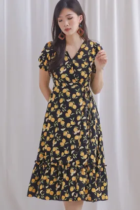 *Premium* Amanda Lemon Faux Wrap Dress In Black