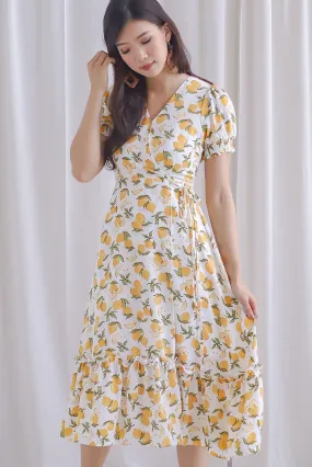 *Premium* Amanda Lemon Faux Wrap Dress In White