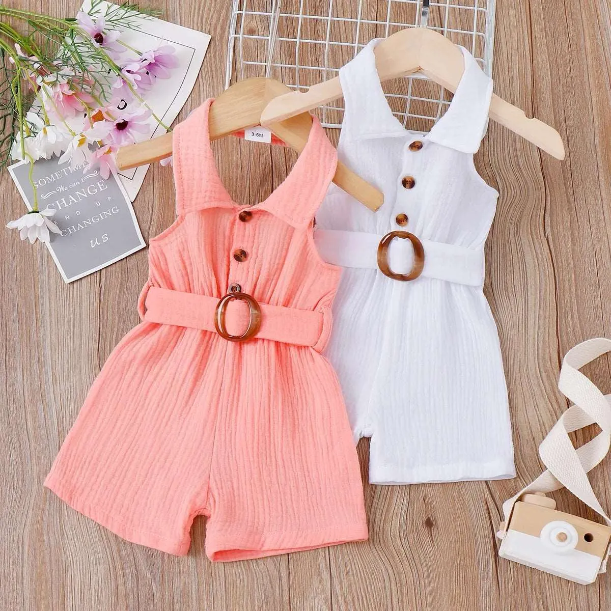 Ribbed Rompers with Belted Lapel Neck - Infant Girl