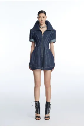 Structured lapel highend tailored denim romper jumpsuit - Mioef