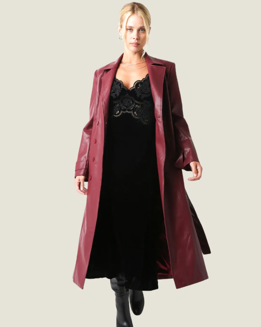 The Landi: Burgundy Pleather Long Jacket w/ Lining