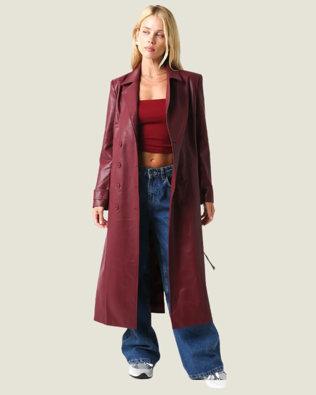 The Landi: Burgundy Pleather Long Jacket w/ Lining