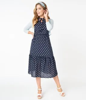 Vintage Style Navy Blue & Ivory Polka Dot Midi Dress