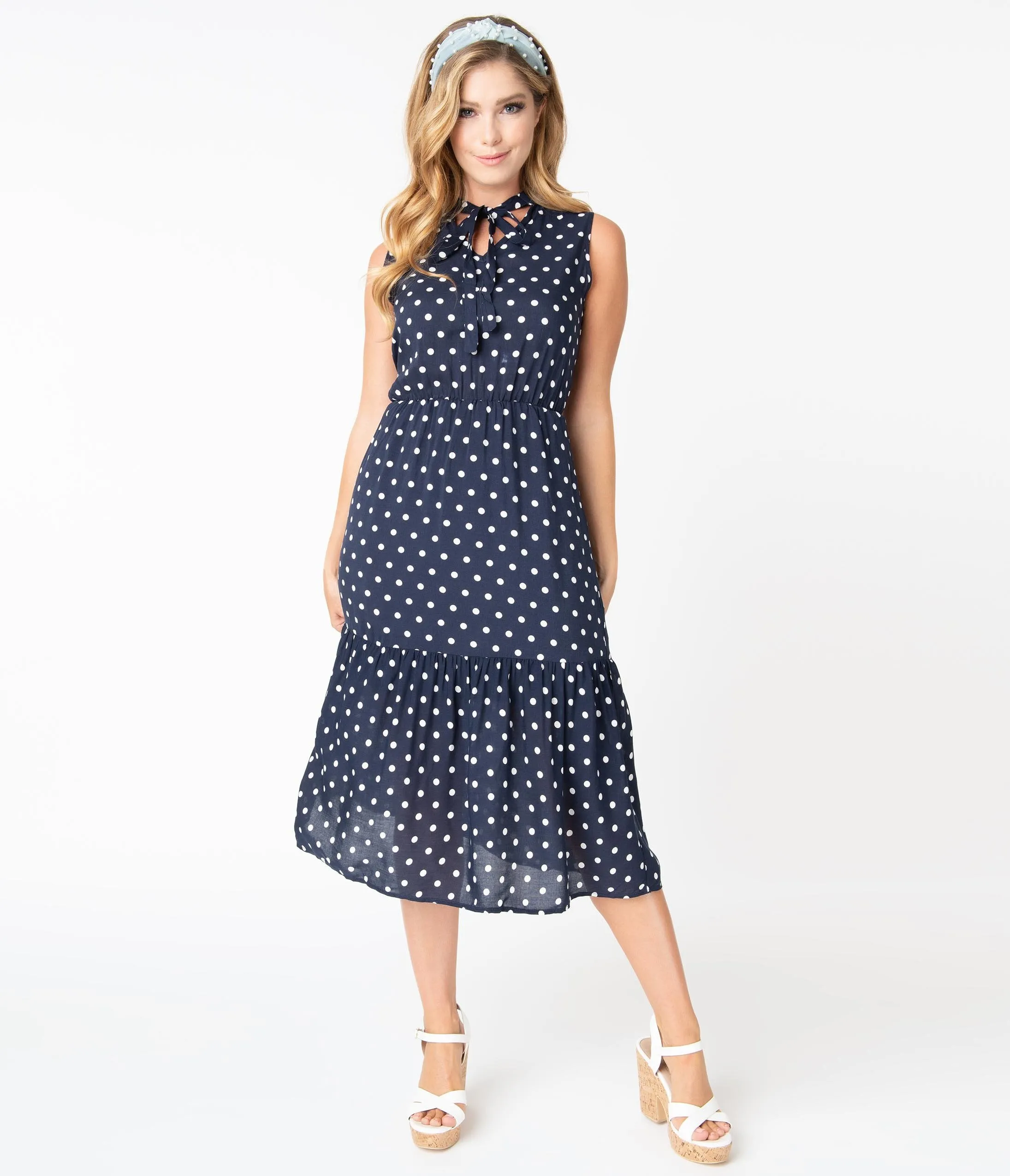 Vintage Style Navy Blue & Ivory Polka Dot Midi Dress