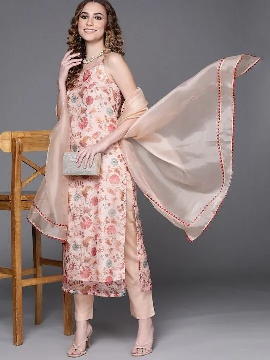 Women Off White Floral Printed Regular Kurta with Trousers & With Dupatta