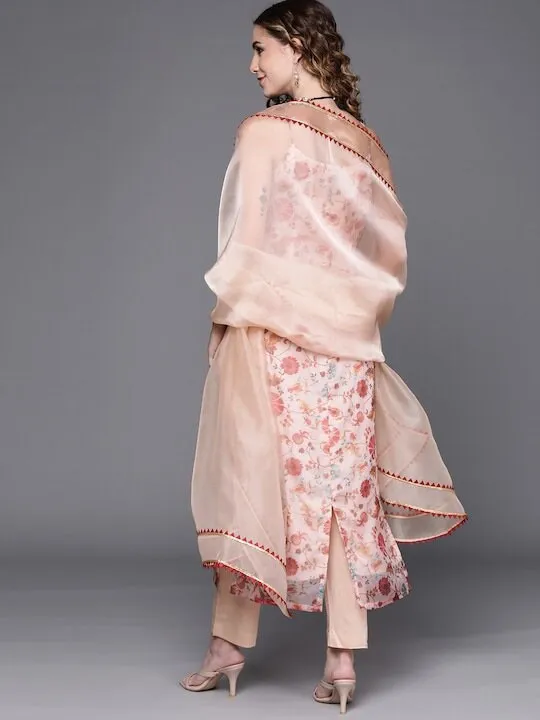 Women Off White Floral Printed Regular Kurta with Trousers & With Dupatta