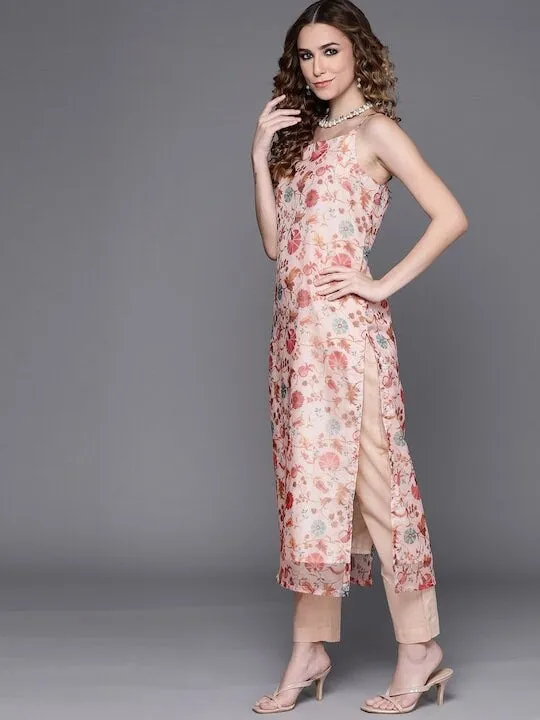 Women Off White Floral Printed Regular Kurta with Trousers & With Dupatta
