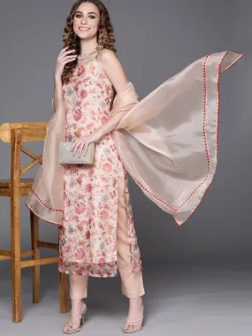 Women Off White Floral Printed Regular Kurta with Trousers & With Dupatta