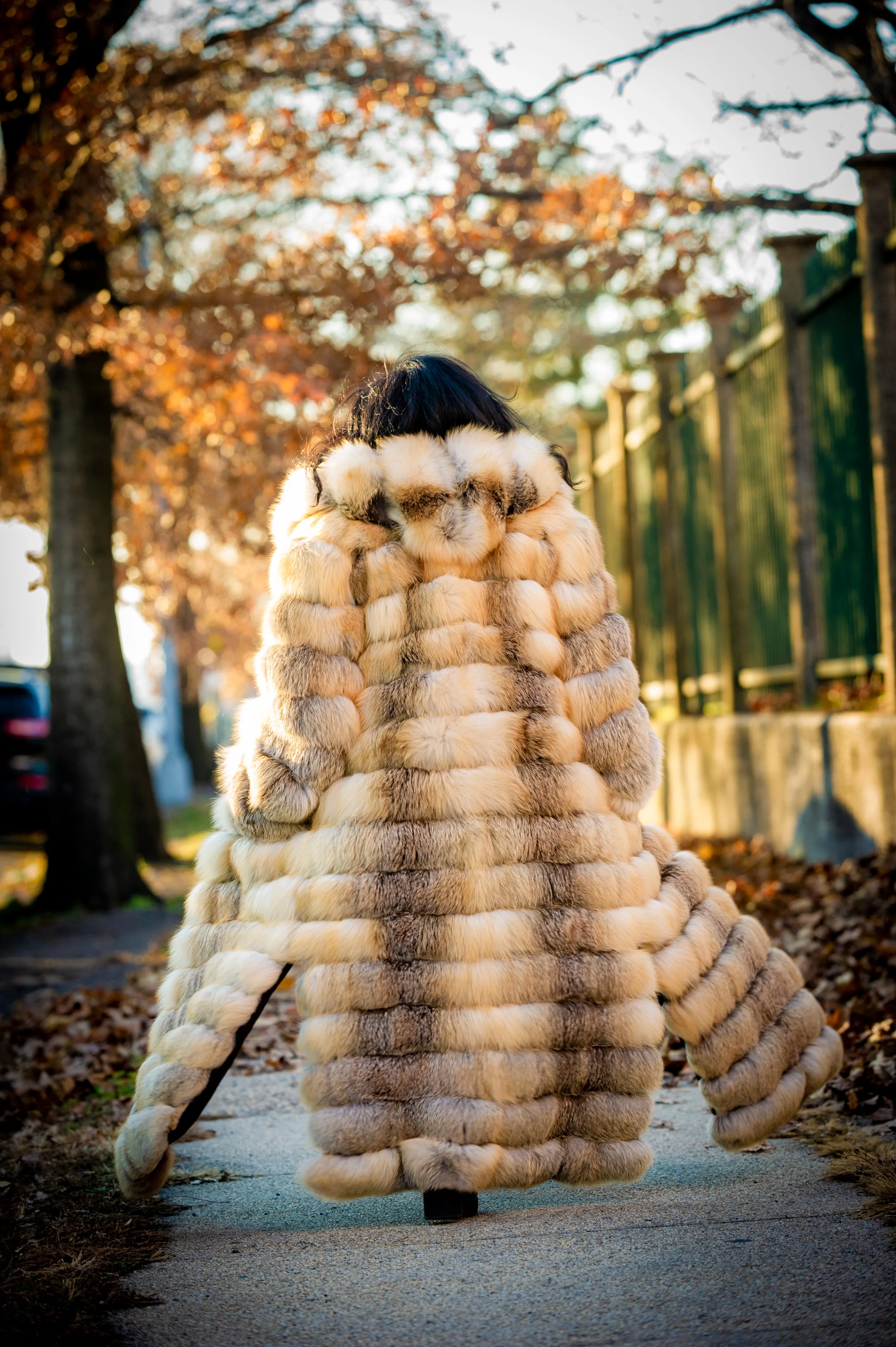 Women's Long Length Fox Fur Trench Coat With Hood [Gold]