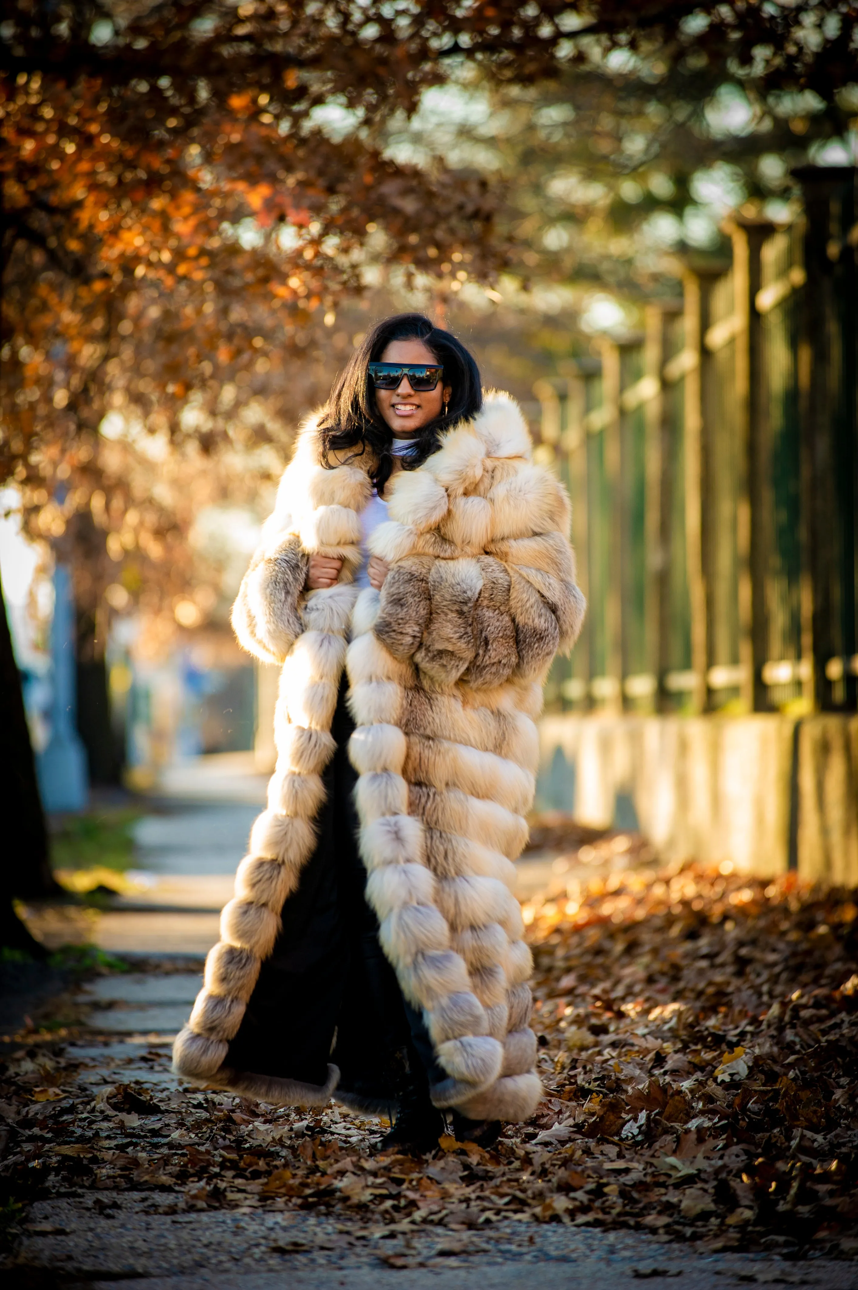 Women's Long Length Fox Fur Trench Coat With Hood [Gold]