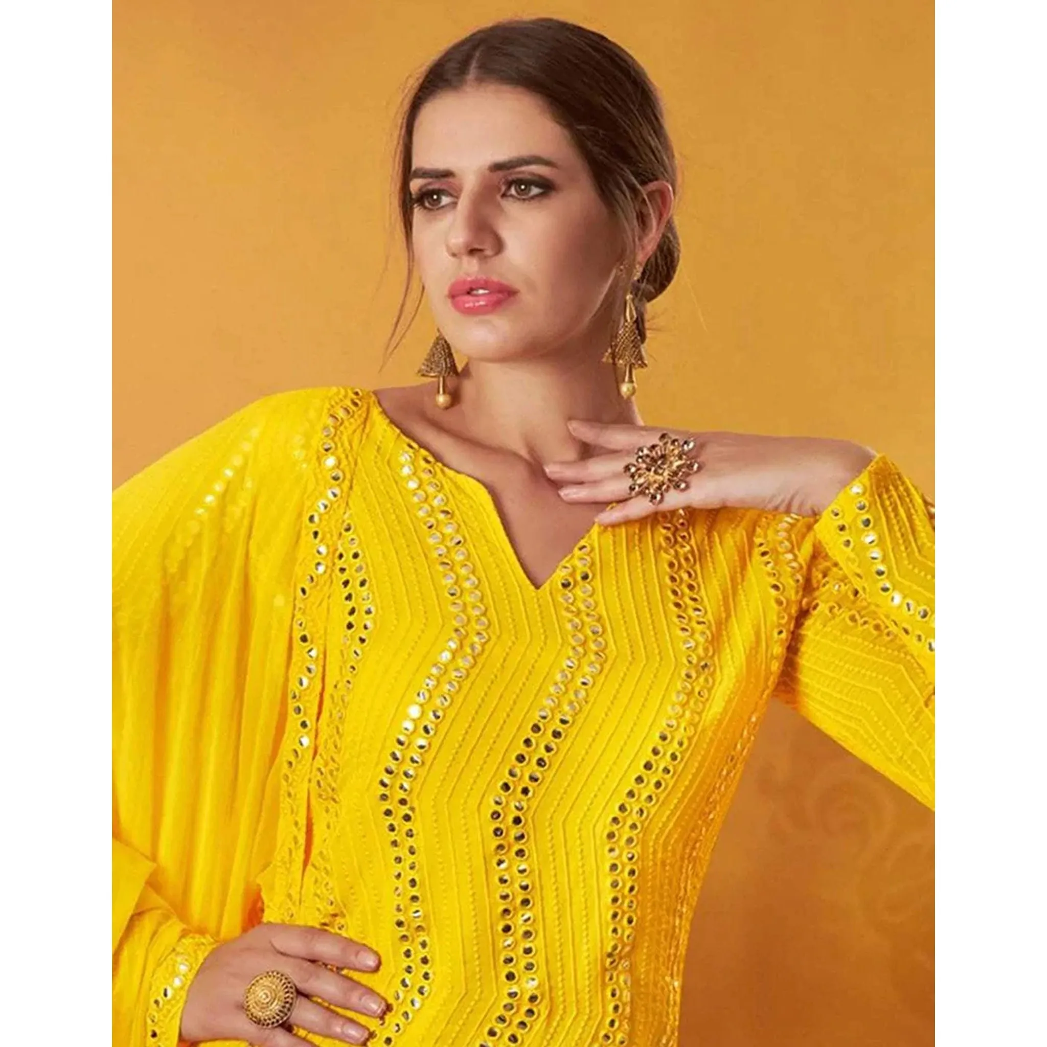 Yellow Color Suit with Foil Mirror Work